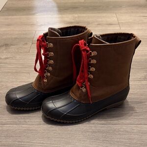 Brown and Black Duck Boots with Red Laces